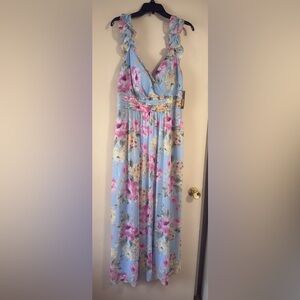 Jessica Howard Sleeveless V-Neck Ruffle Floral Chiffon Maxi Dress